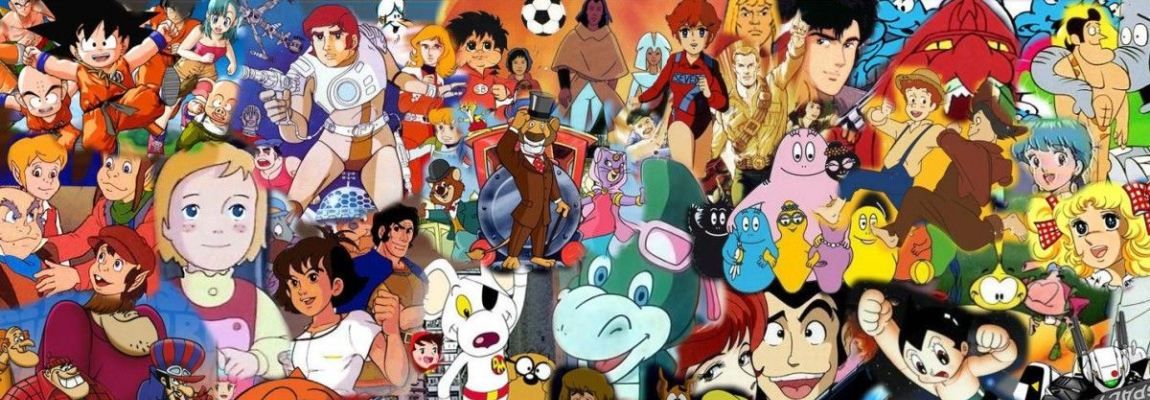 un collage dense de personnages dessinés dans des styles d’animation classique, avec une palette de couleurs vives et saturées typique des dessins animés des années 80 et 90
