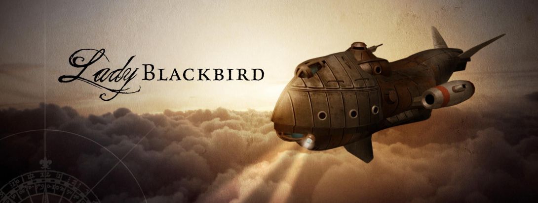 Une sorte d'aéronef steampunk à propulseurs dirige ses éclairages vers les épais nuages gris qu'il survole. On devine le soleil derrière l'horizon. Le titre du jeu occupe la moitié de la largeur, avec "Lady" écrit en cursive.